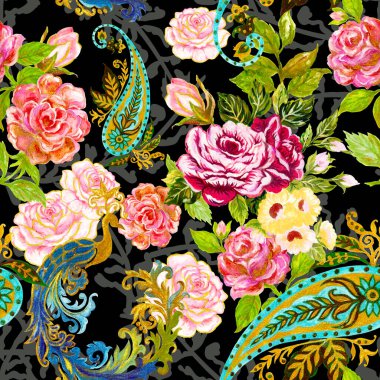 Cennet kuşu Tavuskuşu Firebird ve Rose botanik çiçeği açan kartonpiyer kabilesi geleneksel kusursuz desen iç mimari, moda, davetiye