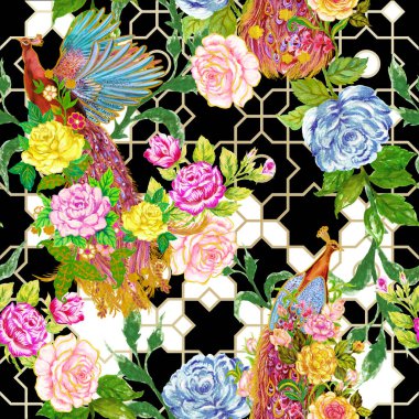 Cennet kuşu Tavuskuşu Firebird ve Rose botanik çiçeği açan kartonpiyer kabilesi geleneksel kusursuz desen iç mimari, moda, davetiye