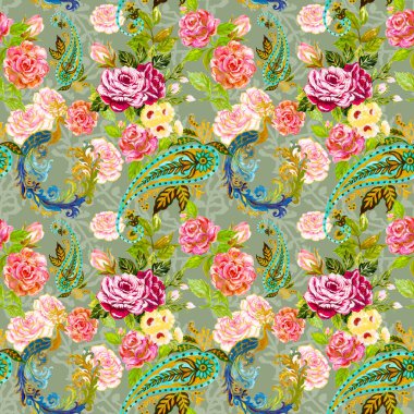 Cennet kuşu Tavuskuşu Firebird ve Rose botanik çiçeği açan kartonpiyer kabilesi geleneksel kusursuz desen iç mimari, moda, davetiye