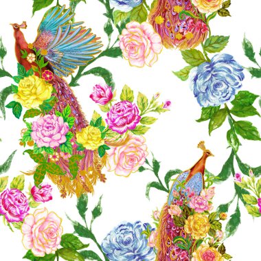 Cennet kuşu Tavuskuşu Firebird ve Rose botanik çiçeği açan kartonpiyer kabilesi geleneksel kusursuz desen iç mimari, moda, davetiye