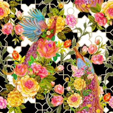 Cennet kuşu Tavuskuşu Firebird ve Rose botanik çiçeği açan kartonpiyer kabilesi geleneksel kusursuz desen iç mimari, moda, davetiye