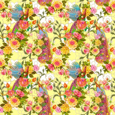 Cennet kuşu Tavuskuşu Firebird ve Rose botanik çiçeği açan kartonpiyer kabilesi geleneksel kusursuz desen iç mimari, moda, davetiye