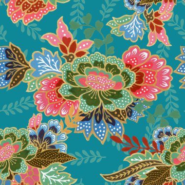 Klasik dikişsiz altın desenli egzotik çiçek desenli suluboya el resmi. 