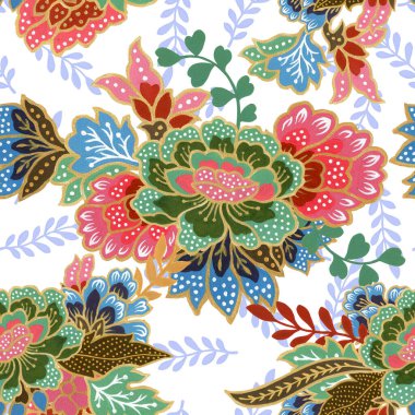 Klasik dikişsiz altın desenli egzotik çiçek desenli suluboya el resmi. 