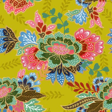 Klasik dikişsiz altın desenli egzotik çiçek desenli suluboya el resmi. 