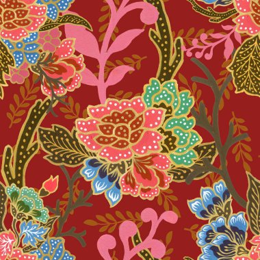 Klasik dikişsiz altın desenli egzotik çiçek desenli suluboya el resmi. 