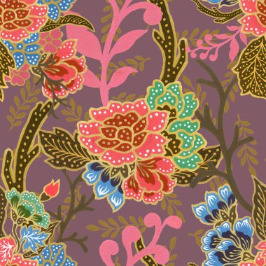 Klasik dikişsiz altın desenli egzotik çiçek desenli suluboya el resmi. 