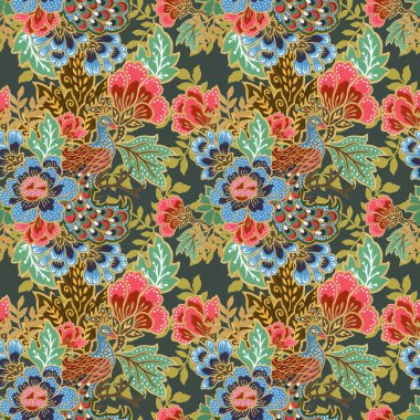 Geleneksel tavus kuşu desenli suluboya el boyalı egzotik tavus kuşu desenli dikişsiz altın desenli. 