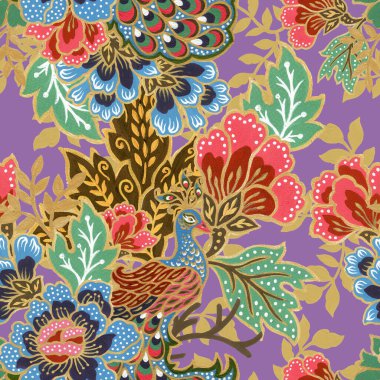 Geleneksel tavus kuşu desenli suluboya el boyalı egzotik tavus kuşu desenli dikişsiz altın desenli. 