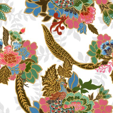 Geleneksel tavus kuşu desenli suluboya el boyalı egzotik tavus kuşu desenli dikişsiz altın desenli. 