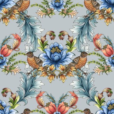 Kusursuz desen, arka plan. Suluboya barok, rokoko, Victoria dönemi, Rönesans ortaçağ tarzı. Etnik desenli süslemeli el çizimi.