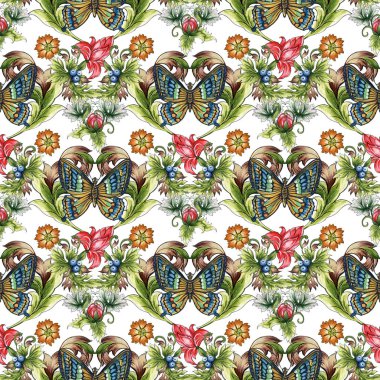 Kusursuz desen, arka plan. Suluboya barok, rokoko, Victoria dönemi, Rönesans ortaçağ tarzı. Etnik desenli süslemeli el çizimi.