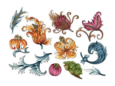 Barok sanatı suluboya Jacobean Paisley Damask soyut çiçek botanik elementleri duvar kağıdı, kumaş, ambalaj, kart