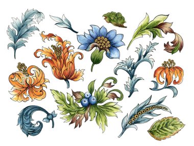 Barok sanatı suluboya Jacobean Paisley Damask soyut çiçek botanik elementleri duvar kağıdı, kumaş, ambalaj, kart