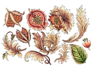 Barok sanatı kahverengi suluboya Jacobean Paisley Damask soyut çiçek botanik elementleri duvar kağıdı, kumaş, ambalaj, kart
