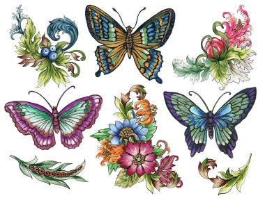 Duvar kağıdı, kumaş, ambalaj, kart, davetiye için suluboya Jacobean Kelebek Paisley Damask soyut çiçek soyut botanik unsurları ve çelenk çerçevesi