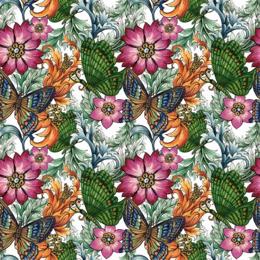 Kusursuz desenli Kelebek soyut fantezi çiçekleri ve Paisley ya da Damask Barok tarzı el boyaları ile renklendirilmiş arka plan için