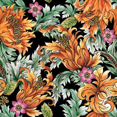 Dal yapraklı barok botanik deseni çiçek buketi, şakayık, lale, davetiye kumaşı için pembe çiçek yaprağı.