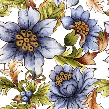 Suluboya illüstrasyon Botanik Barok tarzı çiçek ve kolleksiyonlar vahşi ve bahçe ve soyut desenler dizisi