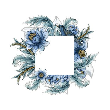 Tropikal orman çiçekleri ve kuşlarla güzel bir rokoko barok. Mavi çiçek ağacı. Bahar yaprakları beyaz arka planda.