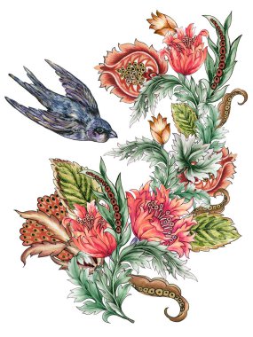 Tropikal orman çiçekleri ve kuşların kelebek ağacı bahar dalları ile güzel rokoko barok beyaz arka planda izole bir buket bırakır.