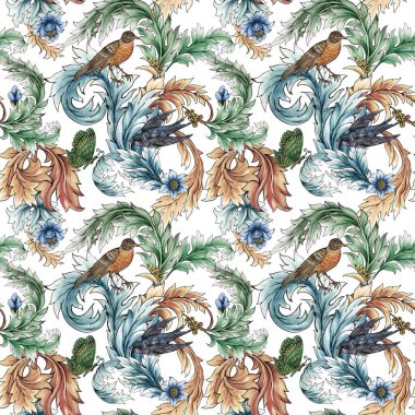 Tropikal orman çiçekleri ve kuşların ağaçlarıyla güzel bir rokoko barok beyaz arka planda yapraklar oluşturur.