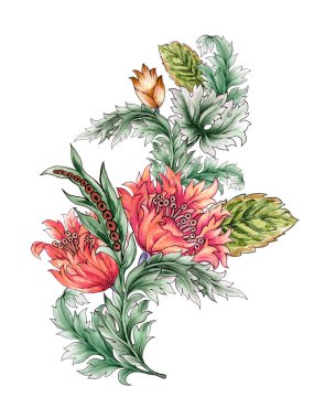 Dekoratif lale çiçekli yapraklar, beyaz arka plan boyasında Jacobean tarzı buket elementler.