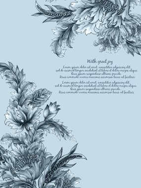 Fantezi Davetiye Kartı çiçek yaprağı Jacobean işlemeli kumaş işlemeli, klasik eski moda resimli beyaz arka planda izole edilmiş el boyası.
