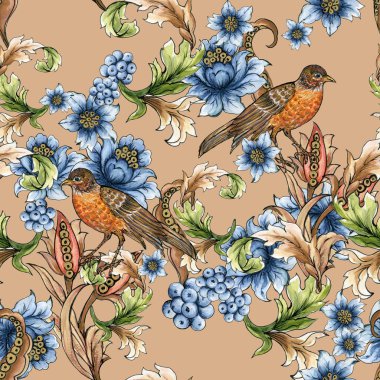 Suluboya illüstrasyon Botanik çiçek yabanmersini yaprakları kuş koleksiyonu vahşi ve bahçe ve soyut yaprak desenleri 