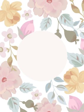 Soyut çiçek açma tasarımı. Çiçeklerin güzel şablonu, suluboya tarzında çiçek ve bitkilerin olduğu renkli, küçük çiçekleri selamlıyor..