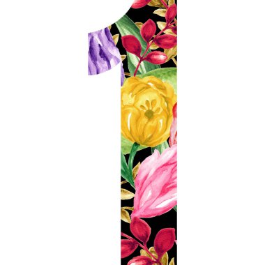 Sulu boya çiçekleri ve yapraklı sayı. Düğün, doğum günü davetiyeleri ve tebrik kartı için mükemmel. Çiçek tasarımı el resmi.