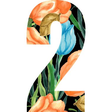 Sulu boya çiçekleri ve yapraklı sayı. Düğün, doğum günü davetiyeleri ve tebrik kartı için mükemmel. Çiçek tasarımı el resmi.