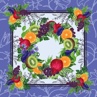 Eşarplı suluboya el boyası rengarenk yama işi meyve çizimi lezzetli dekore edilmiş meyve ve vagetable yiyecek. 