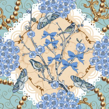 Klasik botanik bahçesi ağacı, kuşlar, kelebek çiçekli, dikdörtgen desenli mavi arka plan. Egzotik Çin porseleni duvar kağıdı eşarbı
