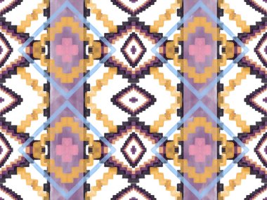 El çizimi Ikat geometrik renkli süs düzenleme kabile etnik dokusu. Aztek tarzında kusursuz desen. Hintli, İskandinav, Çingene, Meksikalı, Afrika halısı.