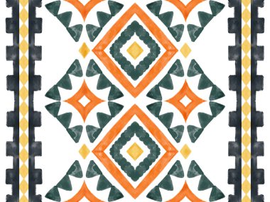 El çizimi Ikat geometrik renkli süs düzenleme kabile etnik dokusu. Aztek tarzında kusursuz desen. Hintli, İskandinav, Çingene, Meksikalı, Afrika halısı.