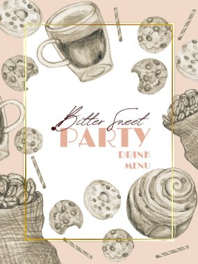 Poster, kapak, menü, şablon için kalem tarzı eskiz arkaplan çizen kafeli, tatlı kahveli çerçeve afişleri. 