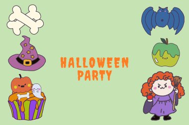 Happy Halloween kids in costumes design with funny character for party template poster clipart