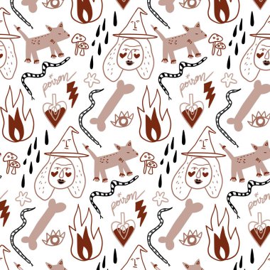 Cadılar Bayramı arka planında balkabağı tilkisi cadı şapkası iksiri var. Şirin sonbahar tasarımı ürkütücü duvar kağıdı çizimi. Korkunç tatil korku eskizi sanatı. Sihirli cadılar bayramı deseni izi