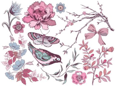 Chinoiserie kuşları ve yeşillik yapraklı geleneksel Doğu Asya çiçek sanatını izole etti. Soyut halk çiçekleri ve bitkileri. Şakayık, sakura. Egzotik Uçan Kelebek