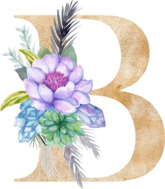 Botanik buketli ABC Çiçek Alfabesi harfleri. Suluboya, kaktüs taşı kristal çizimini sulandırır. Yaprak Bitkisi Çiçeği Doku Altını
