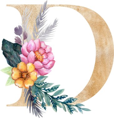 Botanik buketli ABC Çiçek Alfabesi harfleri. Suluboya, kaktüs taşı kristal çizimini sulandırır. Yaprak Bitkisi Çiçeği Doku Altını