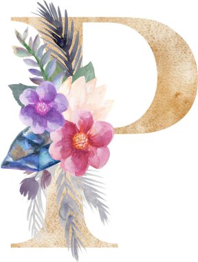 Altın alfabe kaktüs taşı kristali çiçekli ve logo, düğün davetiyesi, kart, markalaşma, ilk ve diğer kavramsal fikirler için suluboya bırakıyor..