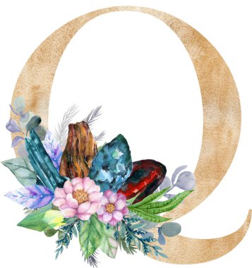 Altın alfabe kaktüs taşı kristali çiçekli ve logo, düğün davetiyesi, kart, markalaşma, ilk ve diğer kavramsal fikirler için suluboya bırakıyor..