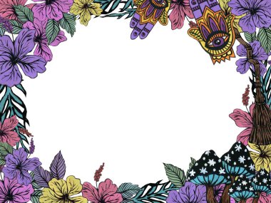 Hibicus çiçeği ve büyücülük ve çingene koleksiyonu ve mantar bitkileri orman kabilesi suluboya davetiye sınır çerçevesi kartı