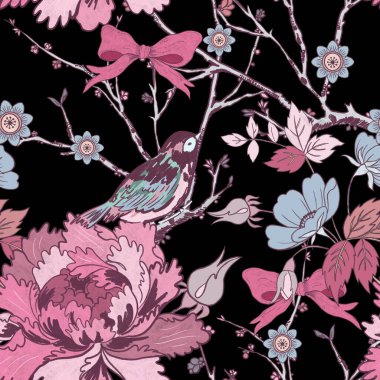 Geleneksel Pembe Şemsiye Tarzı Şakayık Çiçeği ve Sakura, kuşlu erik Doğu Asya Bahçesi Ormanı Çiçeği eşarp, moda kumaşı, tebrik kartı için eski çağlardan kalma kusursuz desen