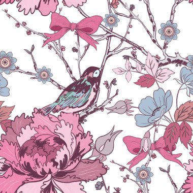 Geleneksel Pembe Şemsiye Tarzı Şakayık Çiçeği ve Sakura, kuşlu erik Doğu Asya Bahçesi Ormanı Çiçeği eşarp, moda kumaşı, tebrik kartı için eski çağlardan kalma kusursuz desen