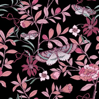 Folklor Pembesi Kelebek Tarzı Yeşillik Doğu Asya Bahçe Ormanı Çiçeği Eşarp, moda kumaşı, tebrik kartı için eski, dikişsiz desen