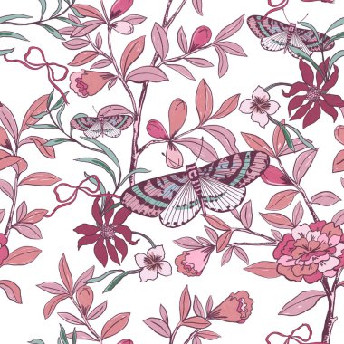 Folklor Pembesi Kelebek Tarzı Yeşillik Doğu Asya Bahçe Ormanı Çiçeği Eşarp, moda kumaşı, tebrik kartı için eski, dikişsiz desen