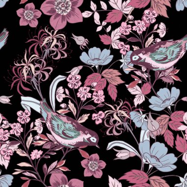 Folklor Pembe Chinoiseries tarzı Sevgililer Günü aşk kuşu Örümcek Zambağı çiçekli Doğu Asya Bahçe Ormanı çiçekleri eşarplar, moda kumaşı, tebrik kartı için eski, dikişsiz desenler açan